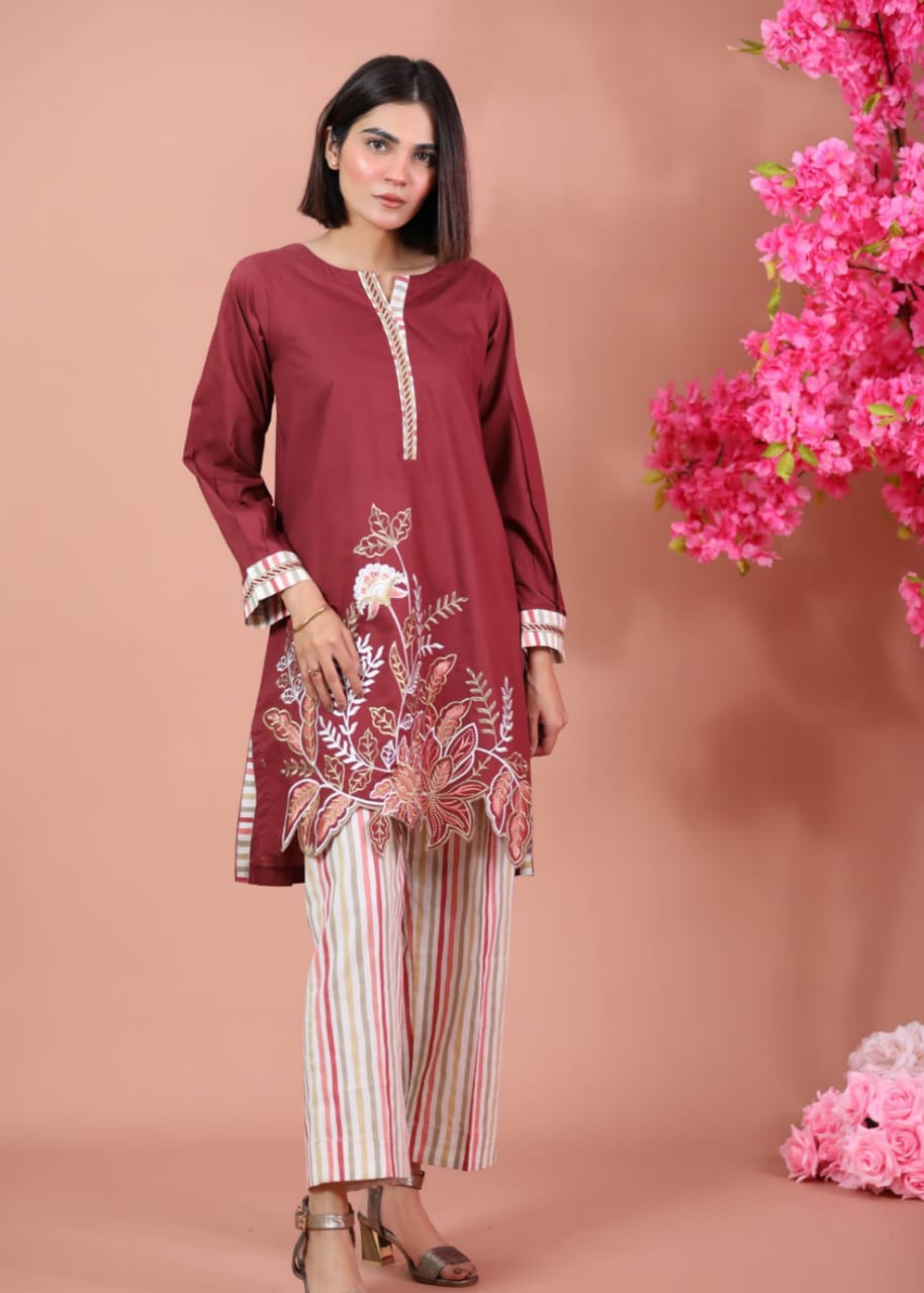 Maroon Embroidered 2-Piece SR1146