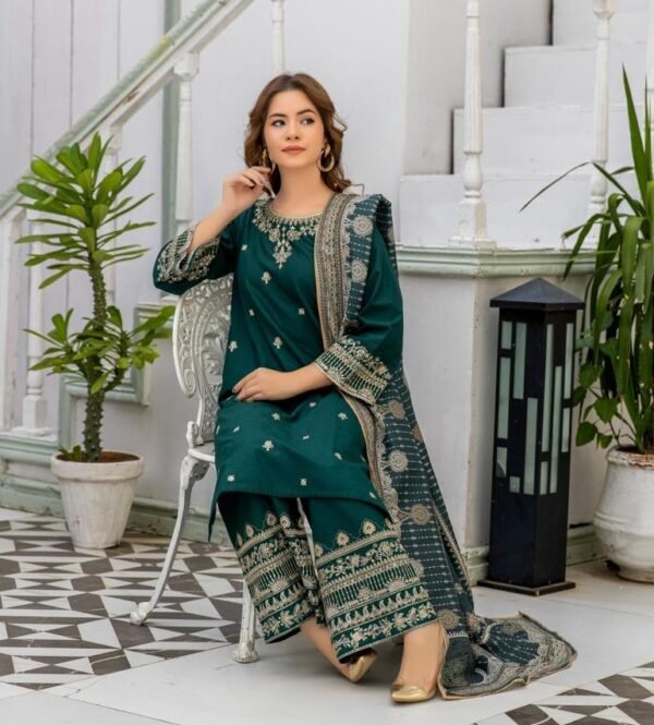 Faded Jade Embroidered long 3-Piece-Khaddar| SR1181 - Image 3