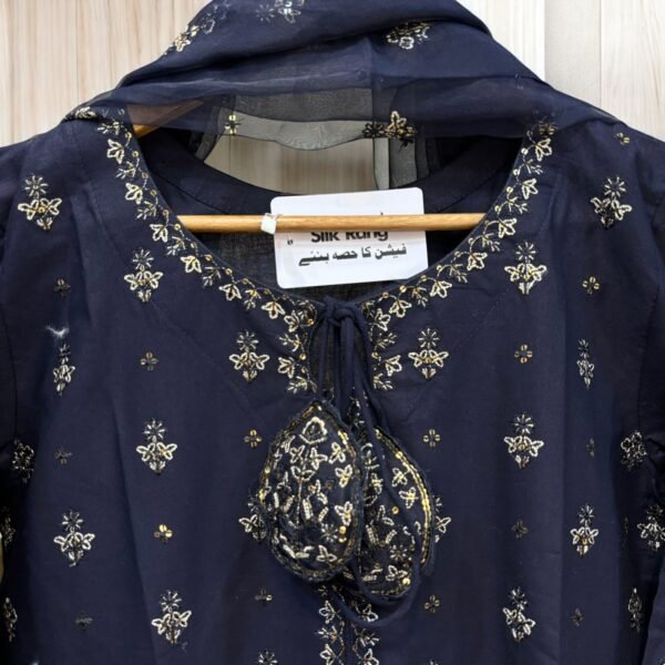 Navy Blue Embroidered Long Frock 3 Piece SR1283 - Image 2