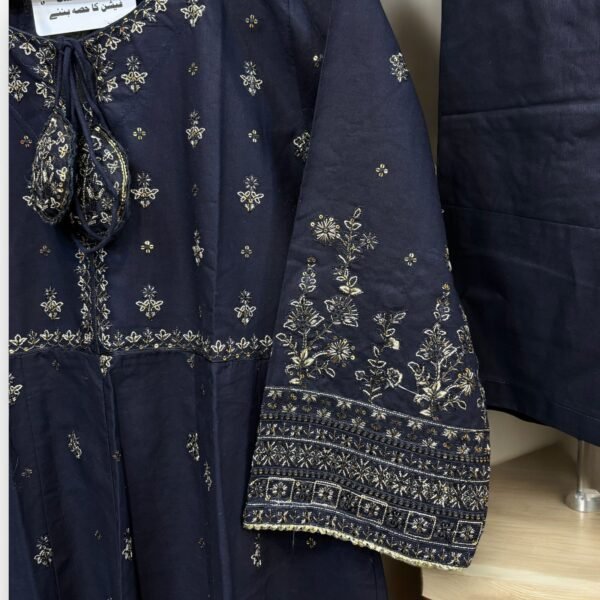 Navy Blue Embroidered Long Frock 3 Piece SR1283 - Image 3