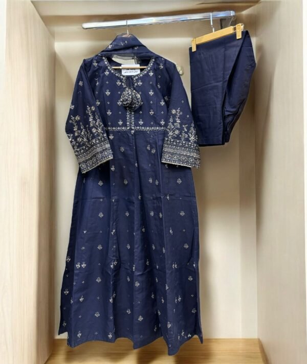 Navy Blue Embroidered Long Frock 3 Piece SR1283